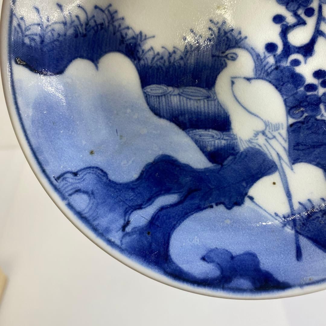 江戸中期　藍九谷上手鷺の図中皿　木箱付　幅約14.5㎝　東Y6-0910☆2F 江戸中期 藍九谷上手鷺の図中皿 木箱付 幅約14.5㎝ 東Y6-0910☆2F 江戸