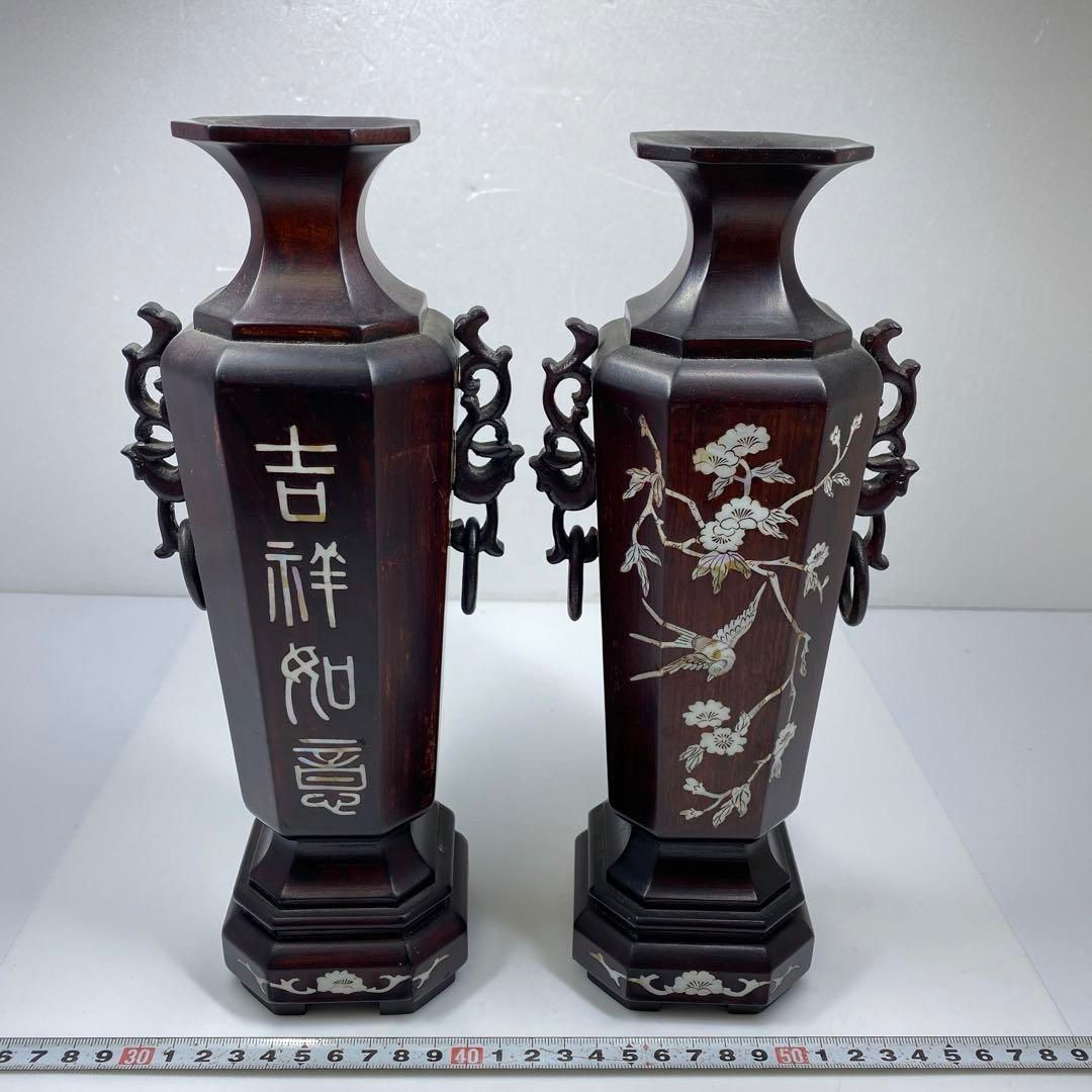 中国美術 螺鈿象嵌 木彫花入一対 タサオ 東里6-1129