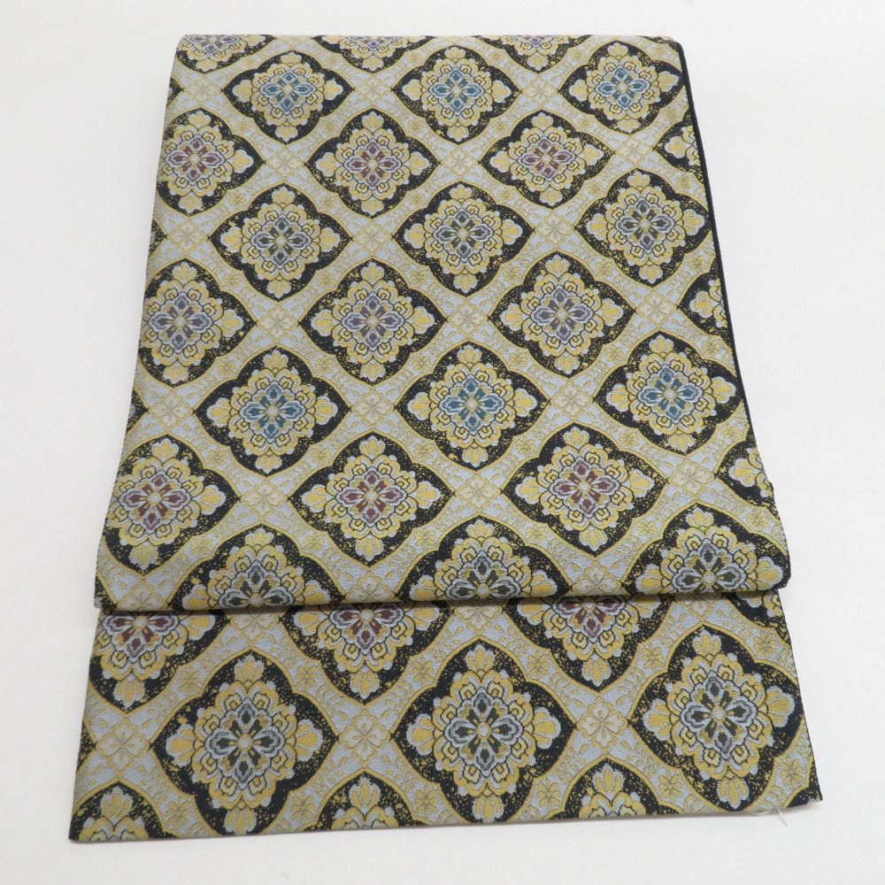 袋帯 織り柄 花菱格子文様 黒色 黄色 六通柄 正絹 セミフォーマル