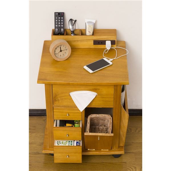 すっ桐 ナイトワゴン⁄サイドテーブル 木製 二口コンセント⁄キャスター付き