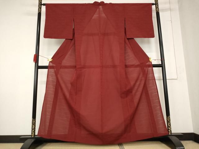 平和屋着物＊夏物 色無地 芝紋紗 茜色 洗える着物 AABB0518st