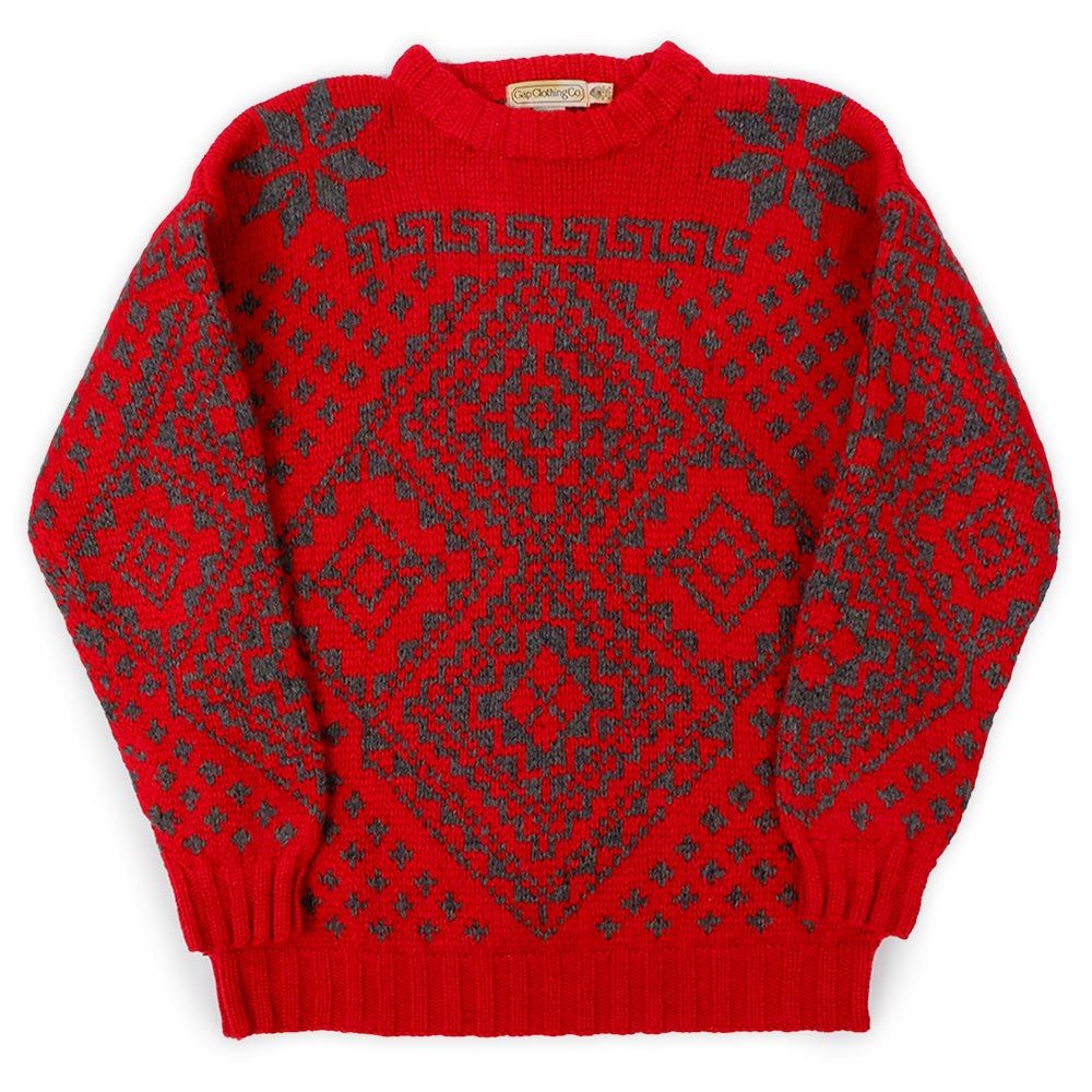 オールドギャップ OLD GAP 90's 90年代 ローゲージ ウールハンドニット HAND KNIT 総柄 珍品 クルーネック 旧タグ USA ヴィンテージ ビンテージ VINTAGE アメリカ古着 メンズ ニット・セーター レッド /