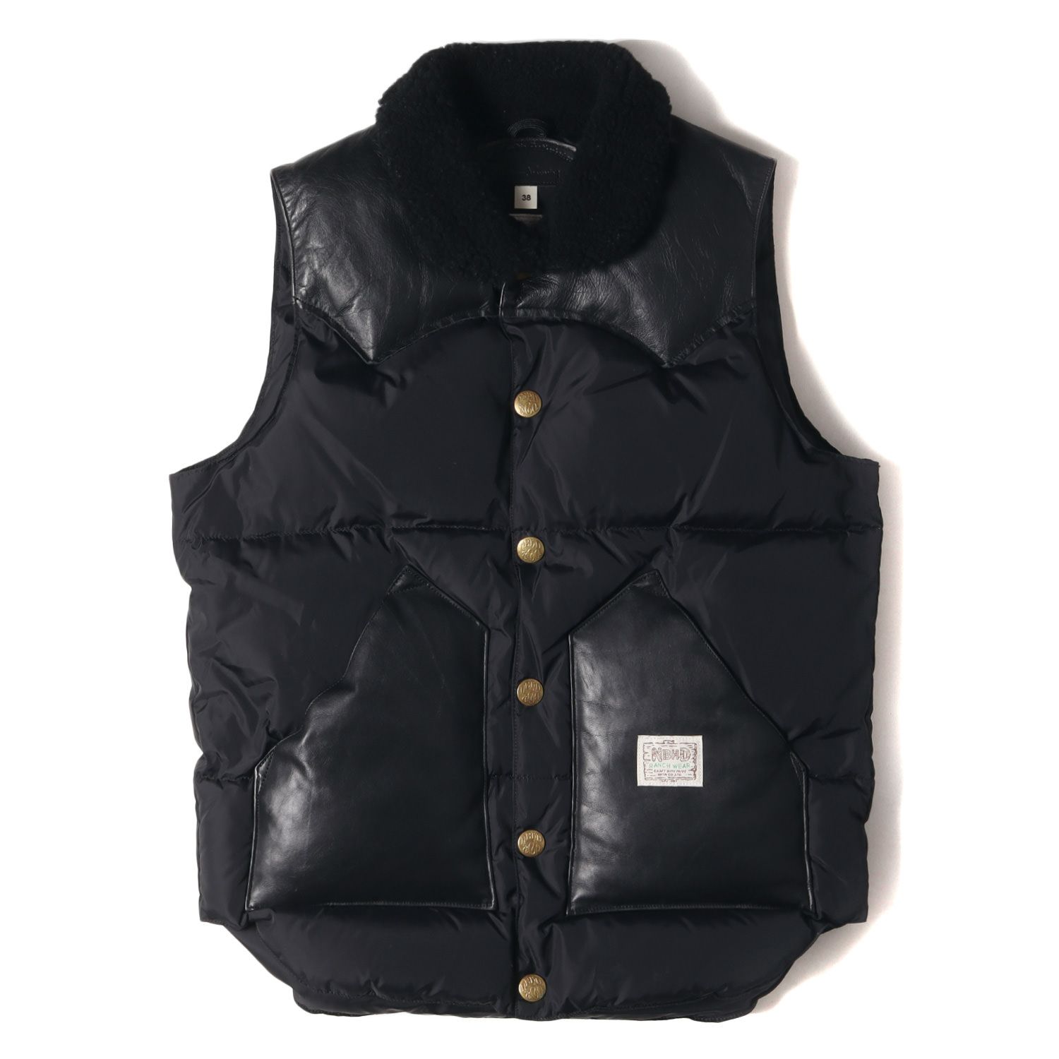 NEIGHBORHOOD ネイバーフッド ダウン ベスト サイズ:S Rocky Mountain Featherbed ロッキーマウンテン 襟ボア  レザーヨーク ダウンベスト ROCKY MOUNTAIN / N-DOWN VEST ブラック コラボ