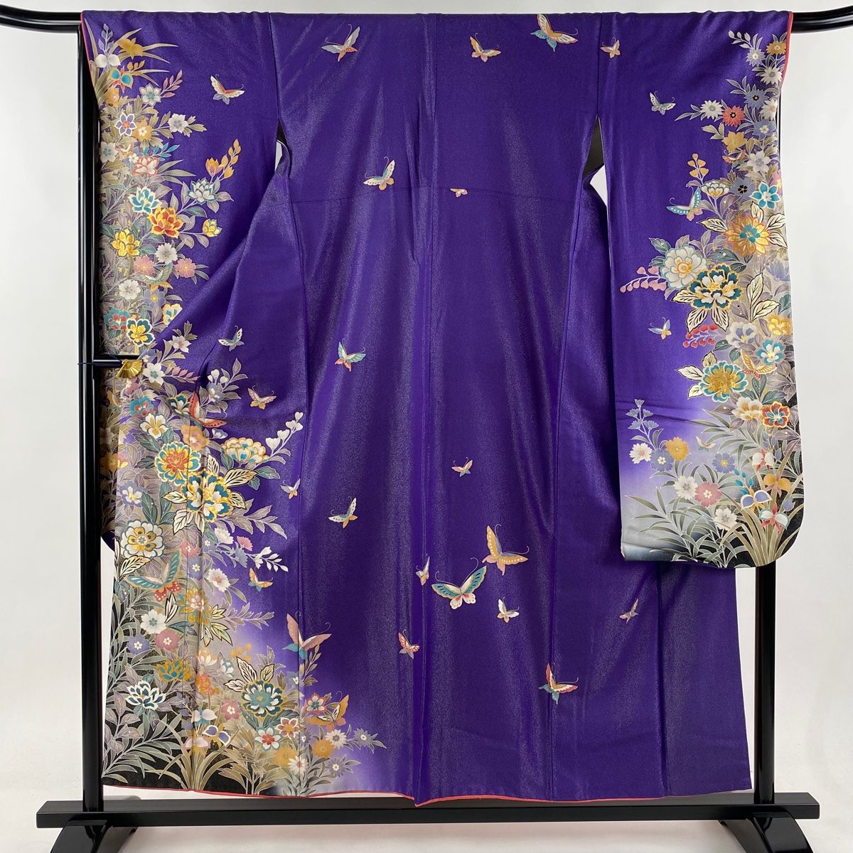 紬 単衣 正絹 紺 可愛い 風景画 お洒落着 普段着 夏着物 裄66cm 身丈