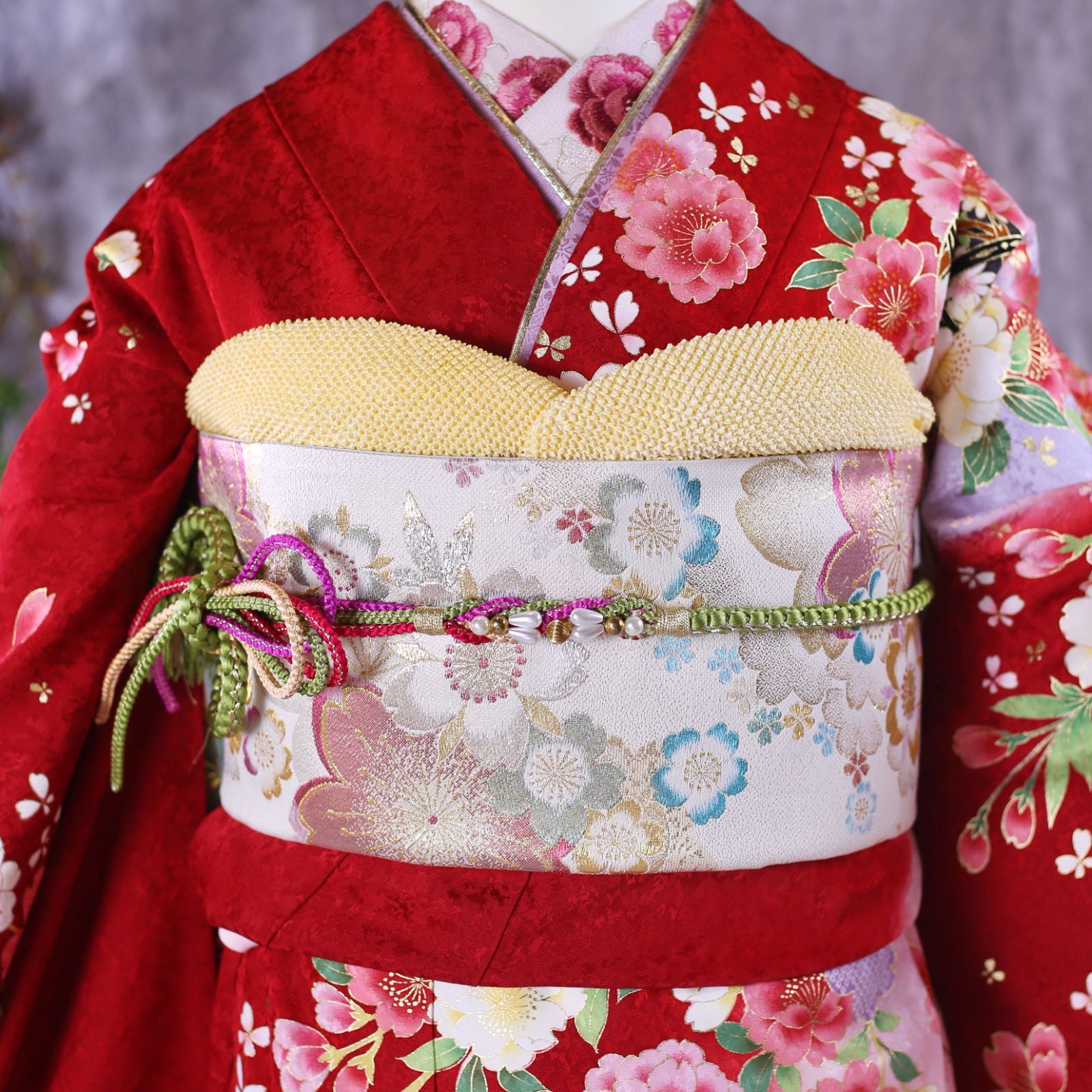 【美品　正絹お振袖　7点フルセット　朱赤　梅　LL～トールサイズ】 yuzenkomachi_f0309037