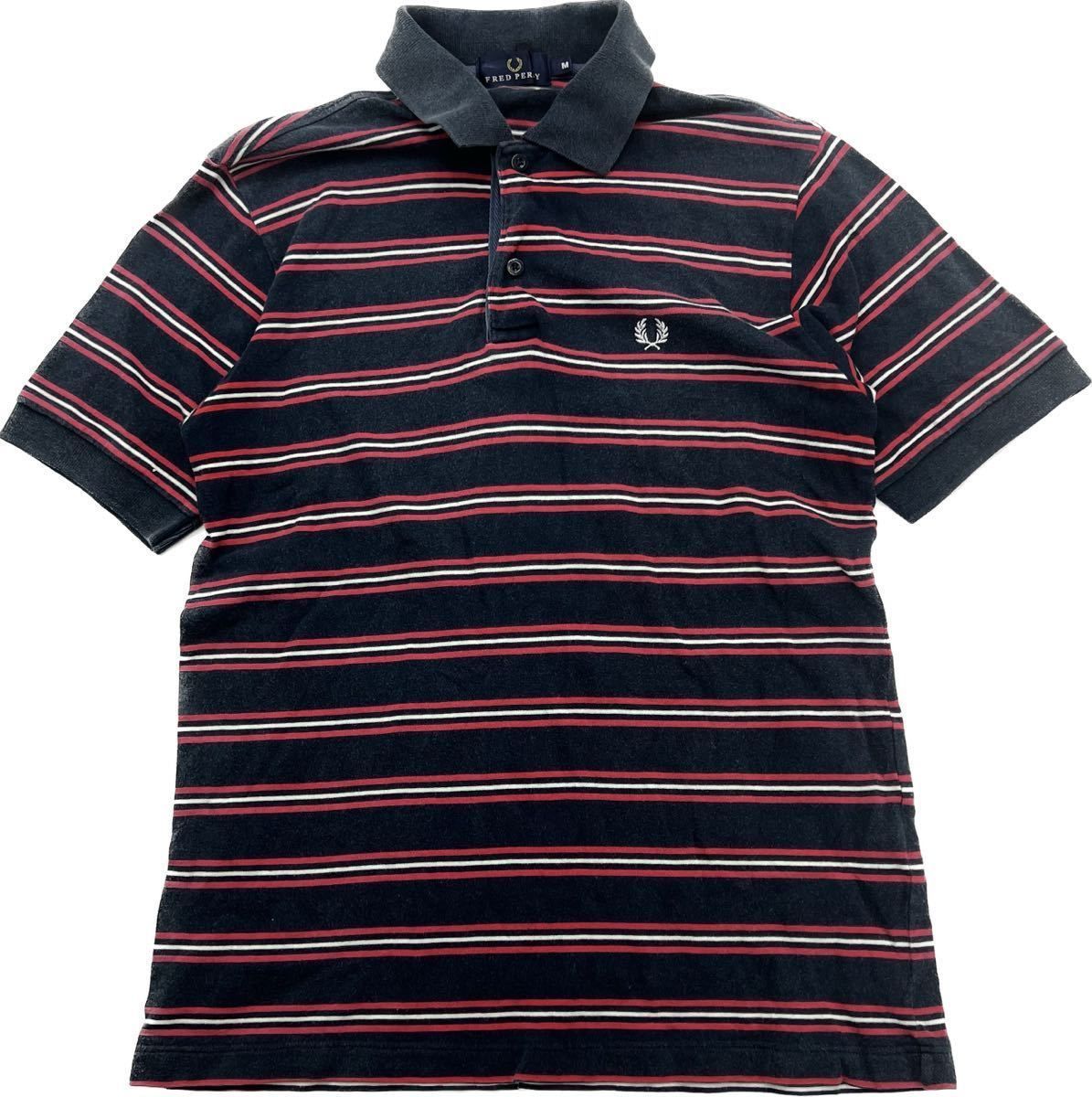 FRED PERRY ☆ デザイン ボーダー 半袖 ポロシャツ ネイビー レッド M 