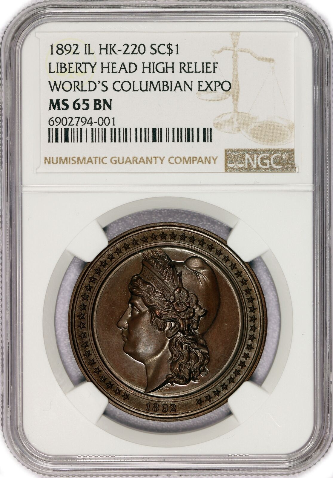 1892 SC$1 Columbian Exposition Liberty Head High Relief Bronze HK-220 NGC MS65