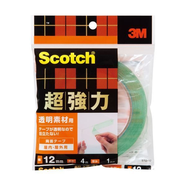 （まとめ）3M スコッチ 超強力両面テープ透明素材用 12mm×4m STD-1