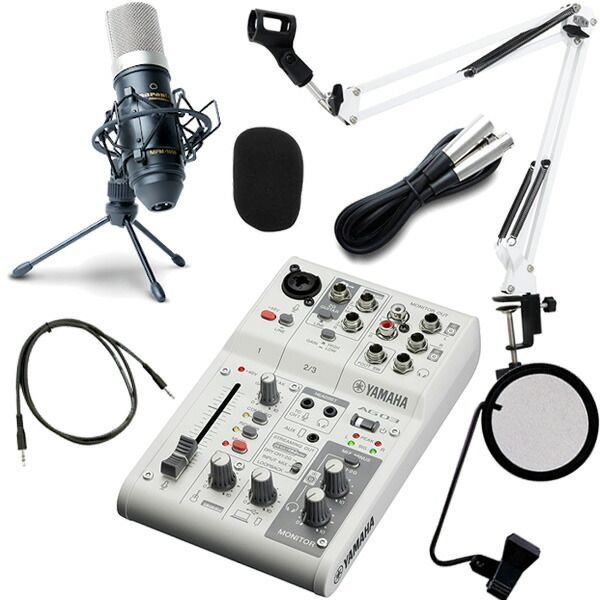 YAMAHA ミキサー AG03MK2 W 白 コンデンサーマイクMPM1000 アーム型スタンドMPC1 白 ポップガードPO-5S ミニケーブル 配信セット