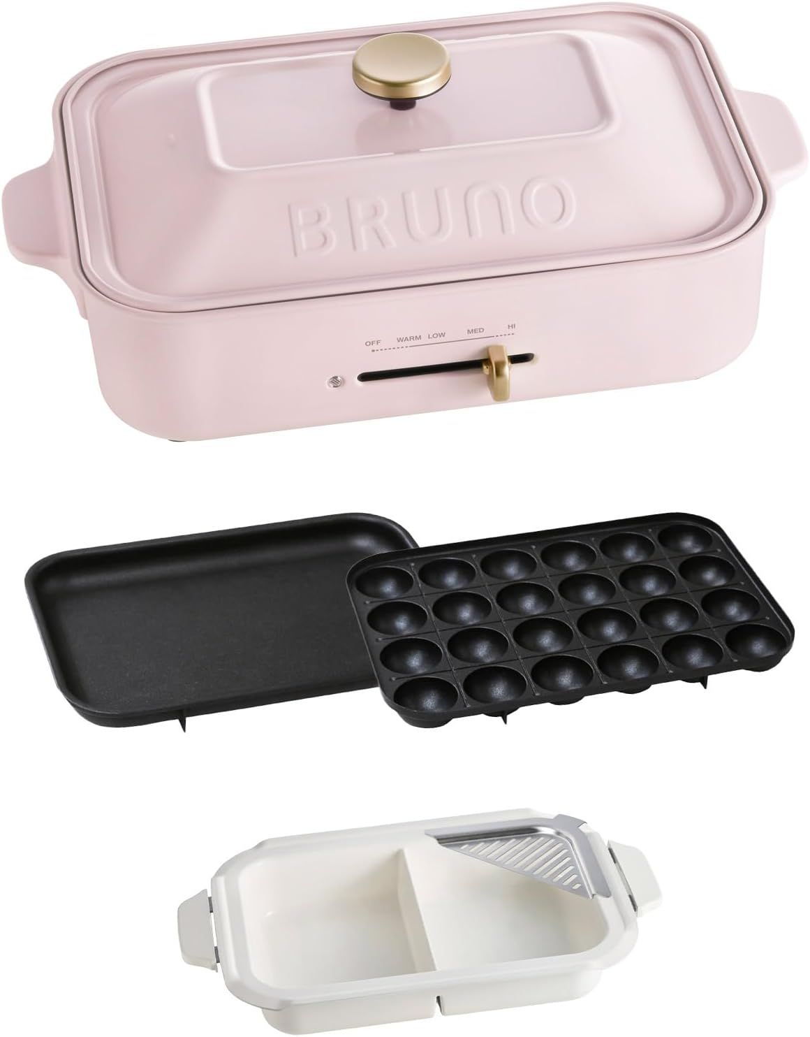BRUNO ブルーノ コンパクトホットプレート 本体 プレート3種 たこ焼き 仕切り鍋 平面 焼肉 おしゃれ かわいい これ1台 一台 蓋 ふた付き 1200w 温度調節 洗いやすい 1人 2人 3人用 小型 ひとり暮らし にも A4 サイズ ピンク