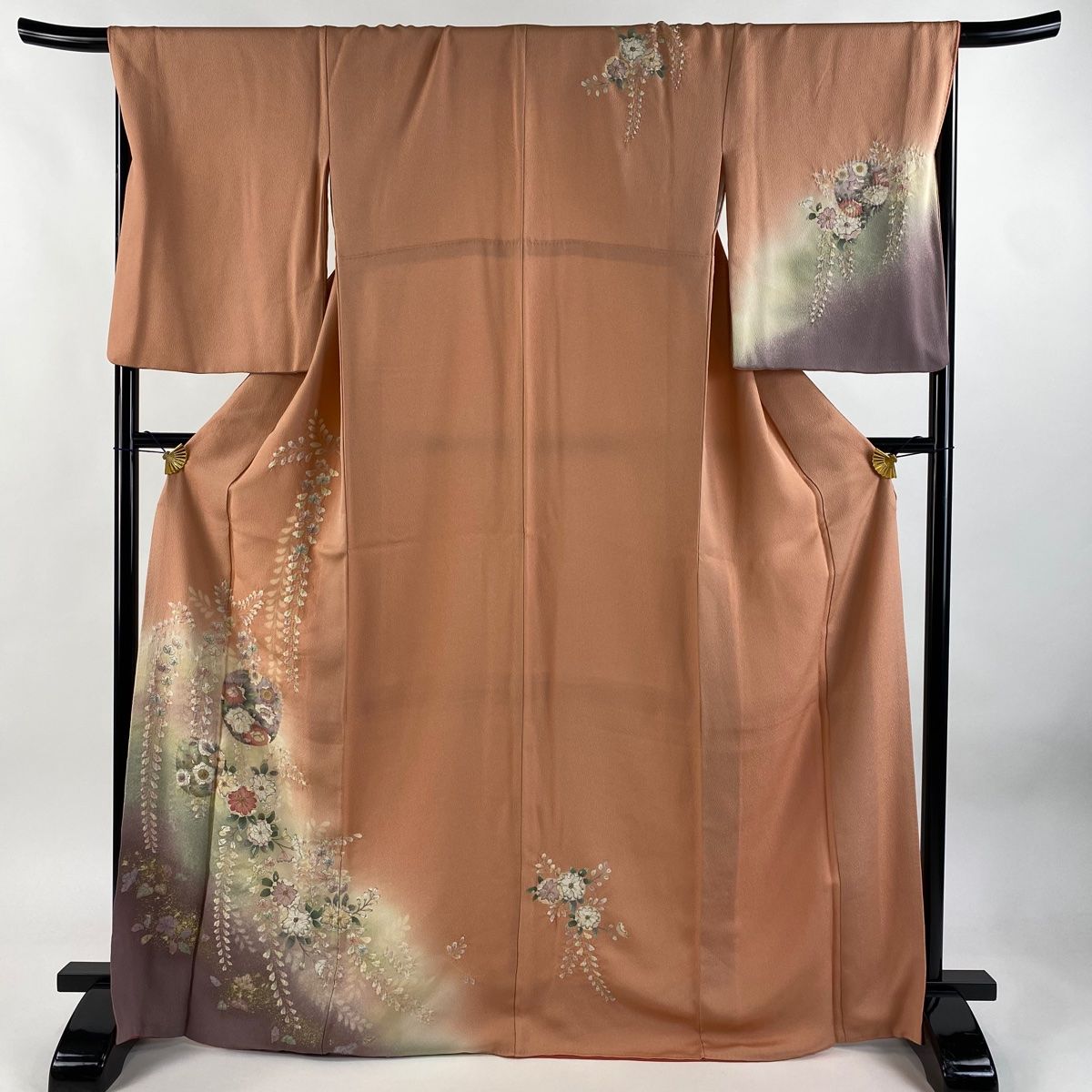 【美品】 付下げ 身丈168.5cm 裄丈68.5cm L 袷 草花 金彩 ぼかし サーモンピンク 正絹 名品 【】