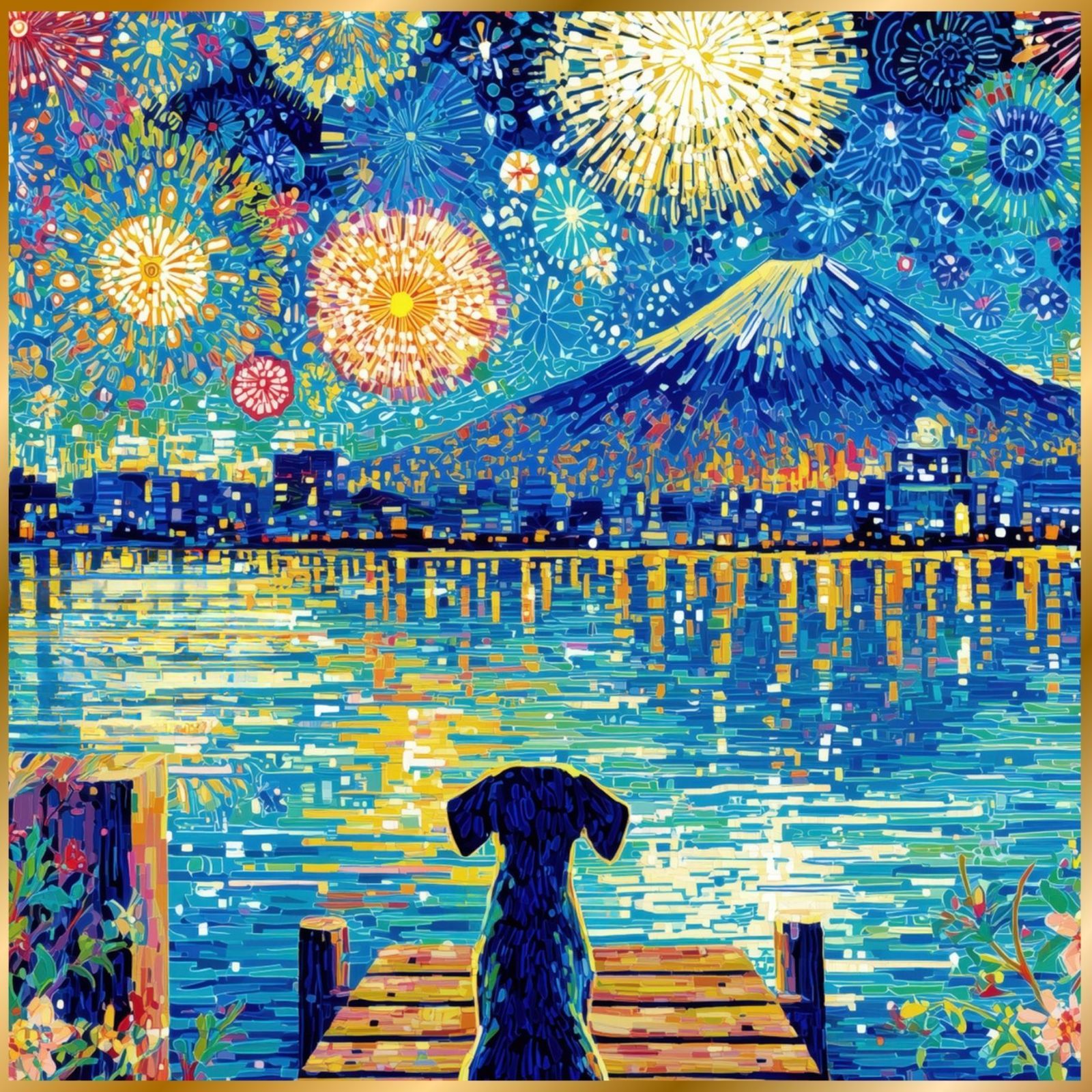 君と見た夏 - ダックスフンド犬 富士山 花火 幻想的 ファンタジー アート インテリア うちの子記念日 ペットロス アートポスター 犬の絵 犬のイラスト