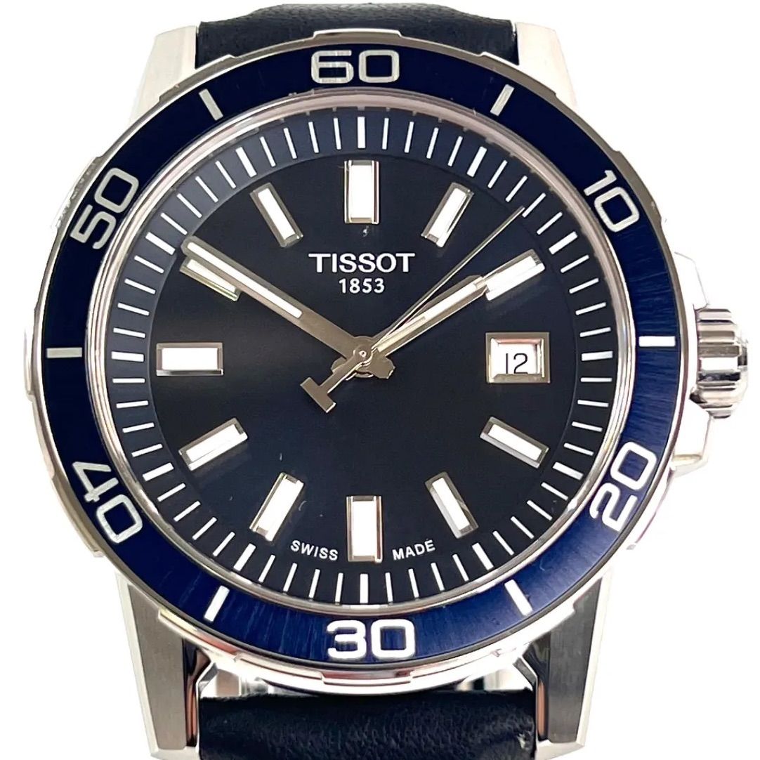 ティソTISSOTスーパースポーツT125610Aクォーツデイト表示ネイビー革ベルト