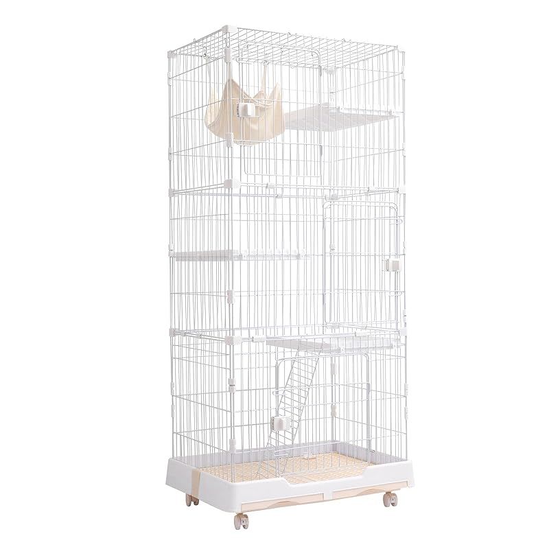 PETTOM 猫ケージ キャットケージ ケージ 幅82cm 2|3段 ペット 猫 キャットゲージ キャット タワー 収納 キャスター 付 脱走防止扉 頑丈 檻 ねこ ネコケージ コンパクト ハンモック 多頭飼い ホワイト 3段 0