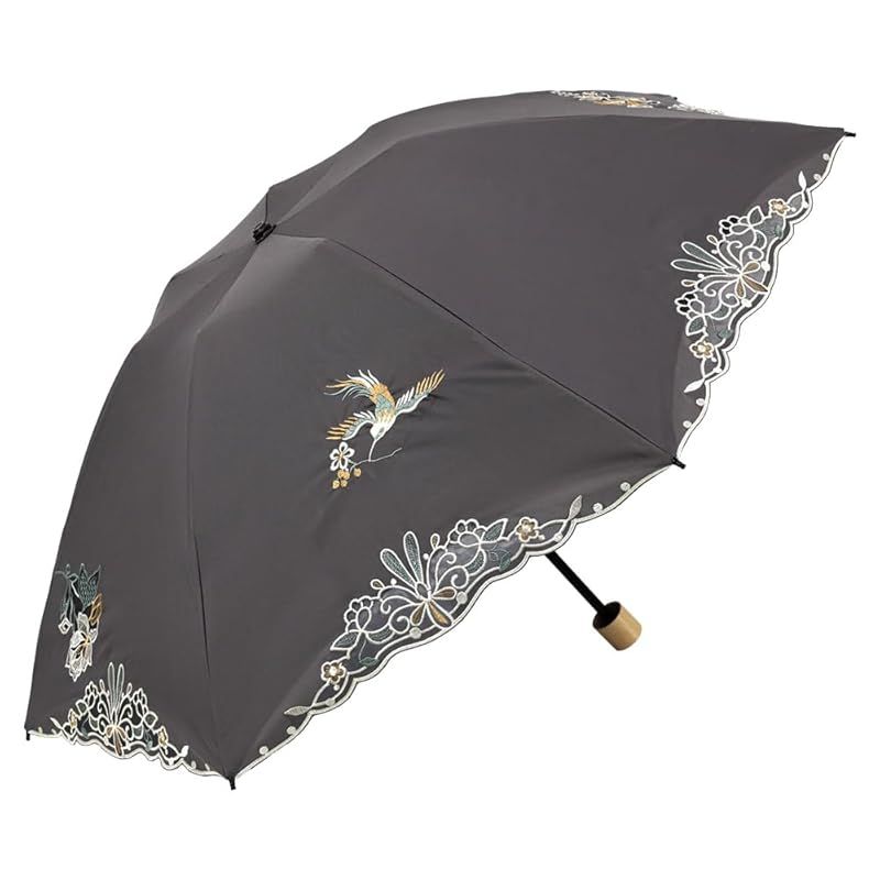 シノワズリーモダン 日傘 折りたたみ レディース１級遮光 UVカット 晴雨兼用 カットワーク刺繍 オーガンジー 3段折りたたみ 軽量 花鳥刺繍 グレー