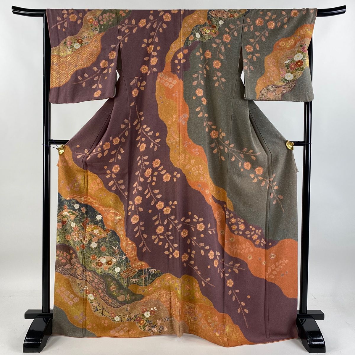訪問着 身丈169.5cm 裄丈67cm M 袷 扇面 菊 金糸 金彩 紫 正絹 名品