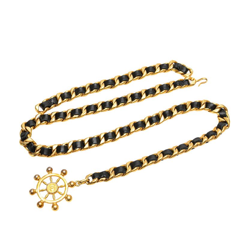 シャネル ヴィンテージ ココマーク チェーン ベルト ゴールド ブラック メッキ レザー レディース CHANEL 222-05381