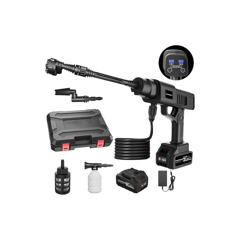 高圧洗浄機 コードレス 充電式 大容量バッテリー 強力 家庭用 向け 噴射距離10M 高圧 洗浄機 6in1ノズル フォームノズルき 残量表示 洗車機 ポータブル 車掃除 庭 屋外 階段 外壁 ベランダ 花園 年末大掃除 1