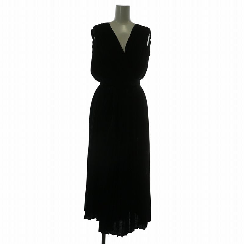 クリスチャンディオール Christian Dior ワンピース ウール 絹 シルク ノースリーブ ロング プリーツ Vネック ベルト 38 S 黒 ブラック 054L05AM305 |XZ GY17