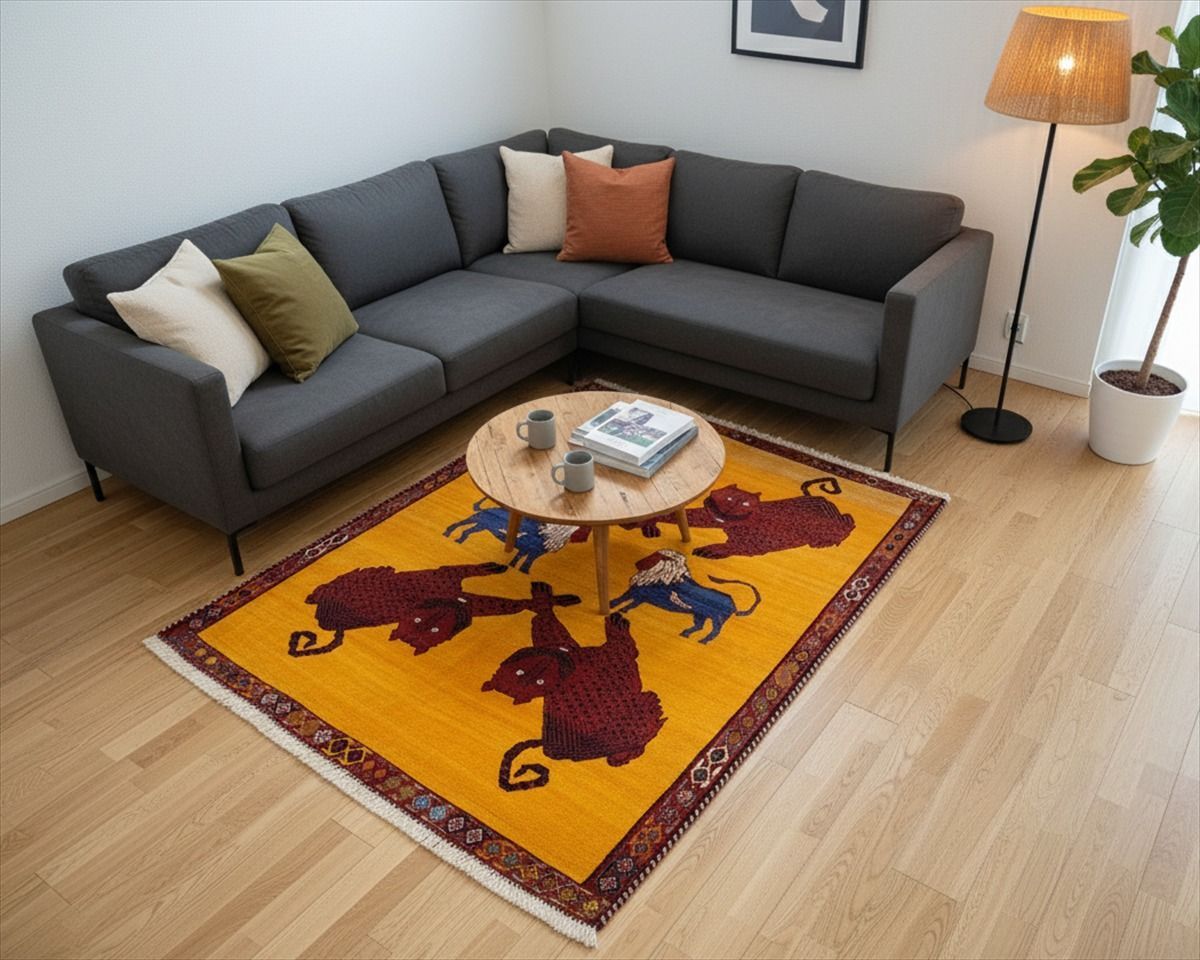 ペルシャ トライバルラグ アマレバフト 188×133 黄金色 ヒョウ