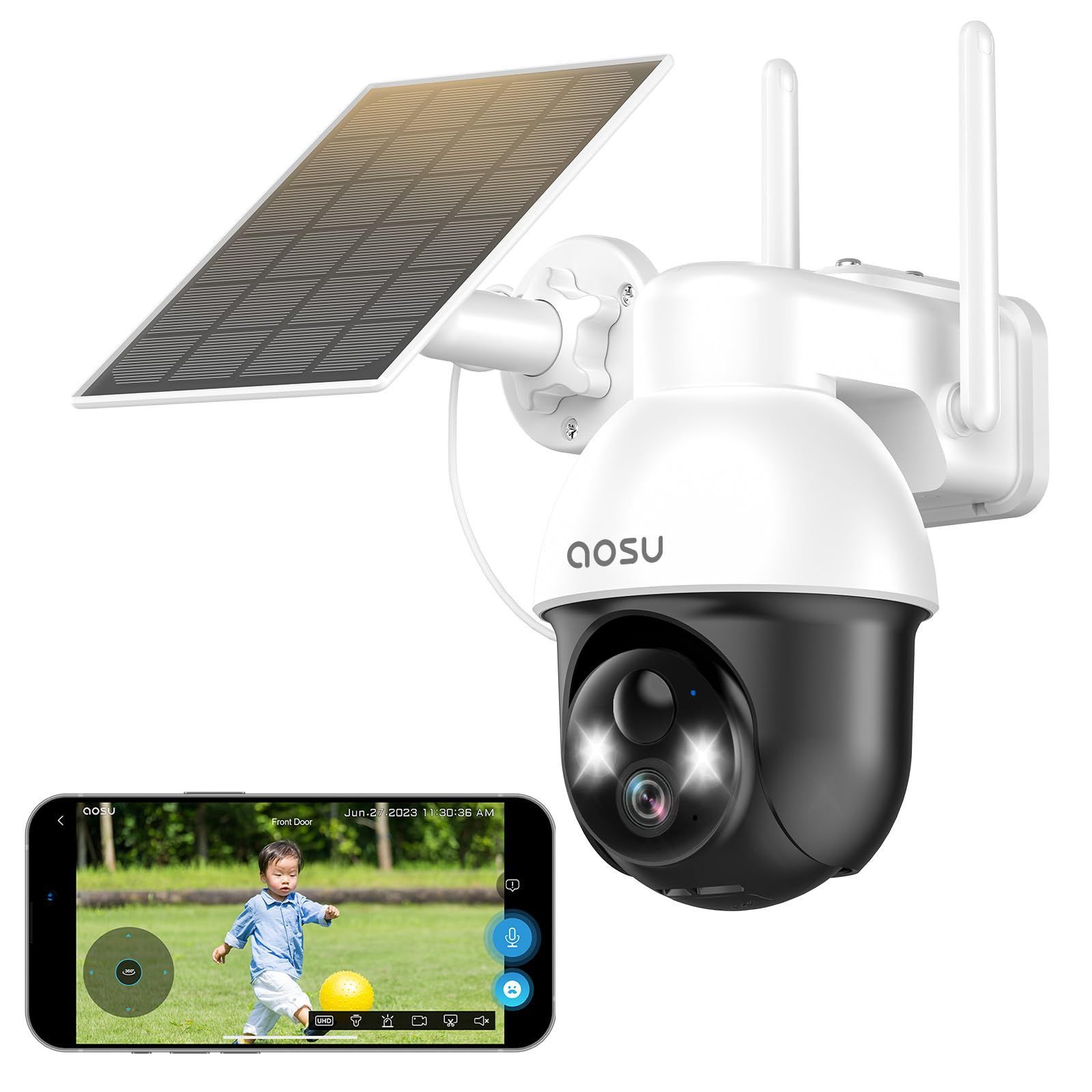 aosu 2024最新型 防犯カメラ 屋外 ソーラー wifi式 360度広角撮影 2K 300万高画素 IP66防水防塵 人体検知アラーム 自動追尾 完全無線 夜間カラー撮影 双方向音声通話 声光警報 家族共有 イベント分類 SDカード/クラウド録画保