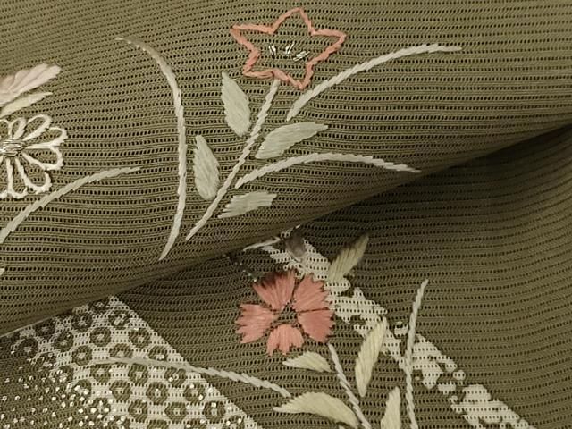 平和屋着物＊夏物 訪問着 絽 刺繍 草花文 銀糸 銀彩 正絹 逸品  