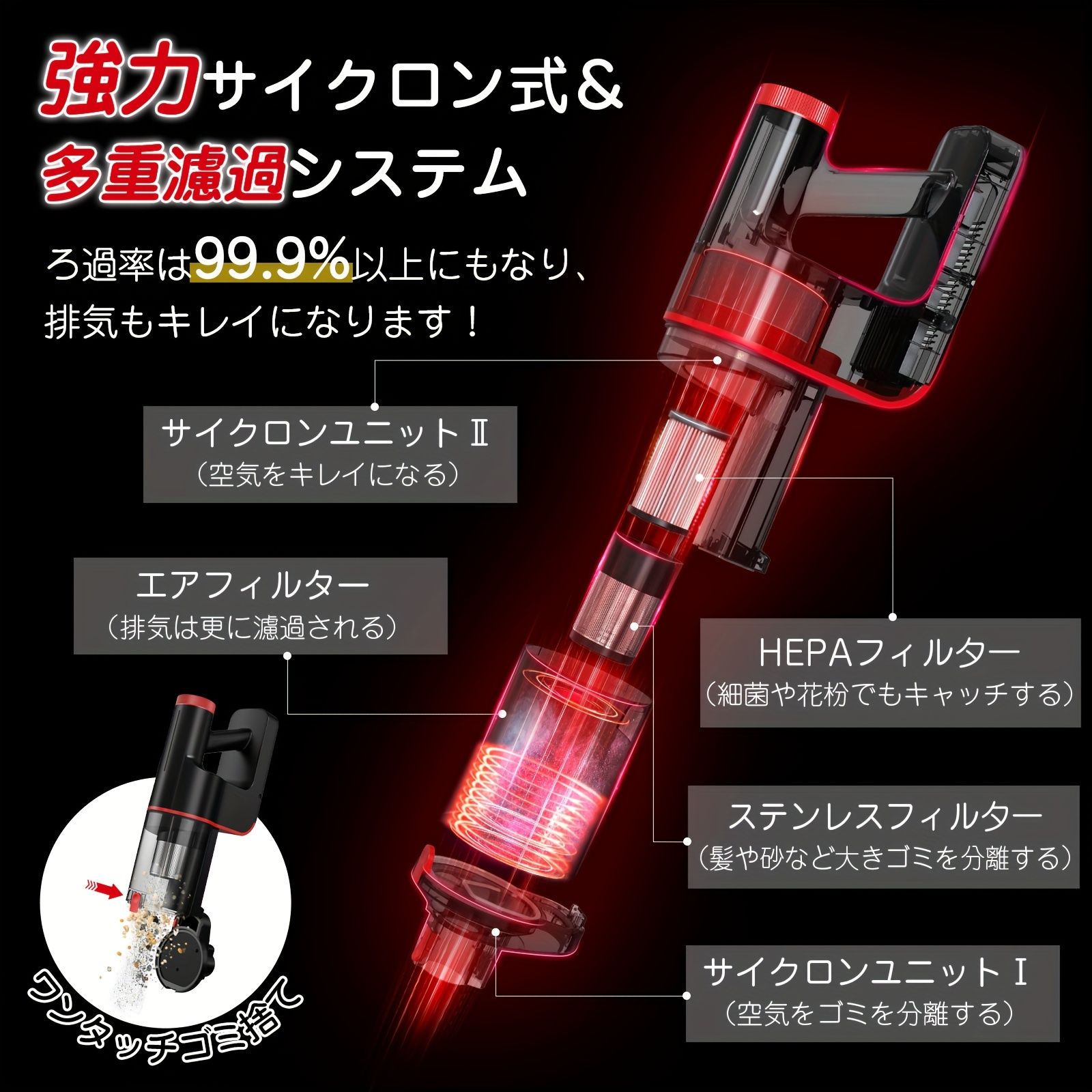 2つの超強力吸引モード コードレス掃除機