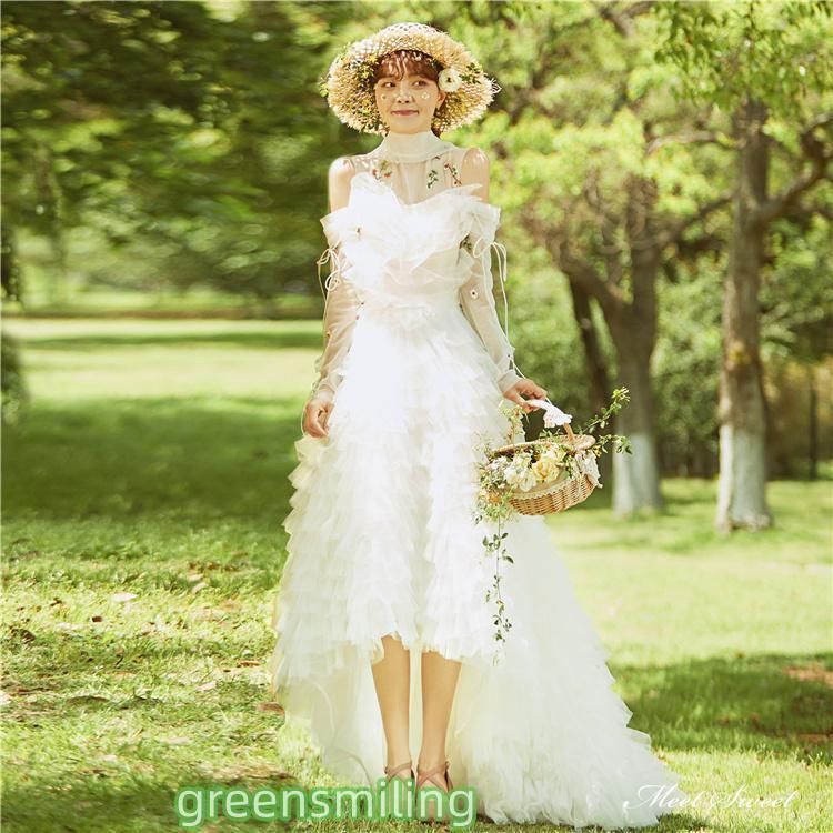 ウェディングドレス ミモレドレス 前短後長ドレス チュール フリル 長袖 ハイネック 二次会 結婚式 前撮り 後撮り ブライダル