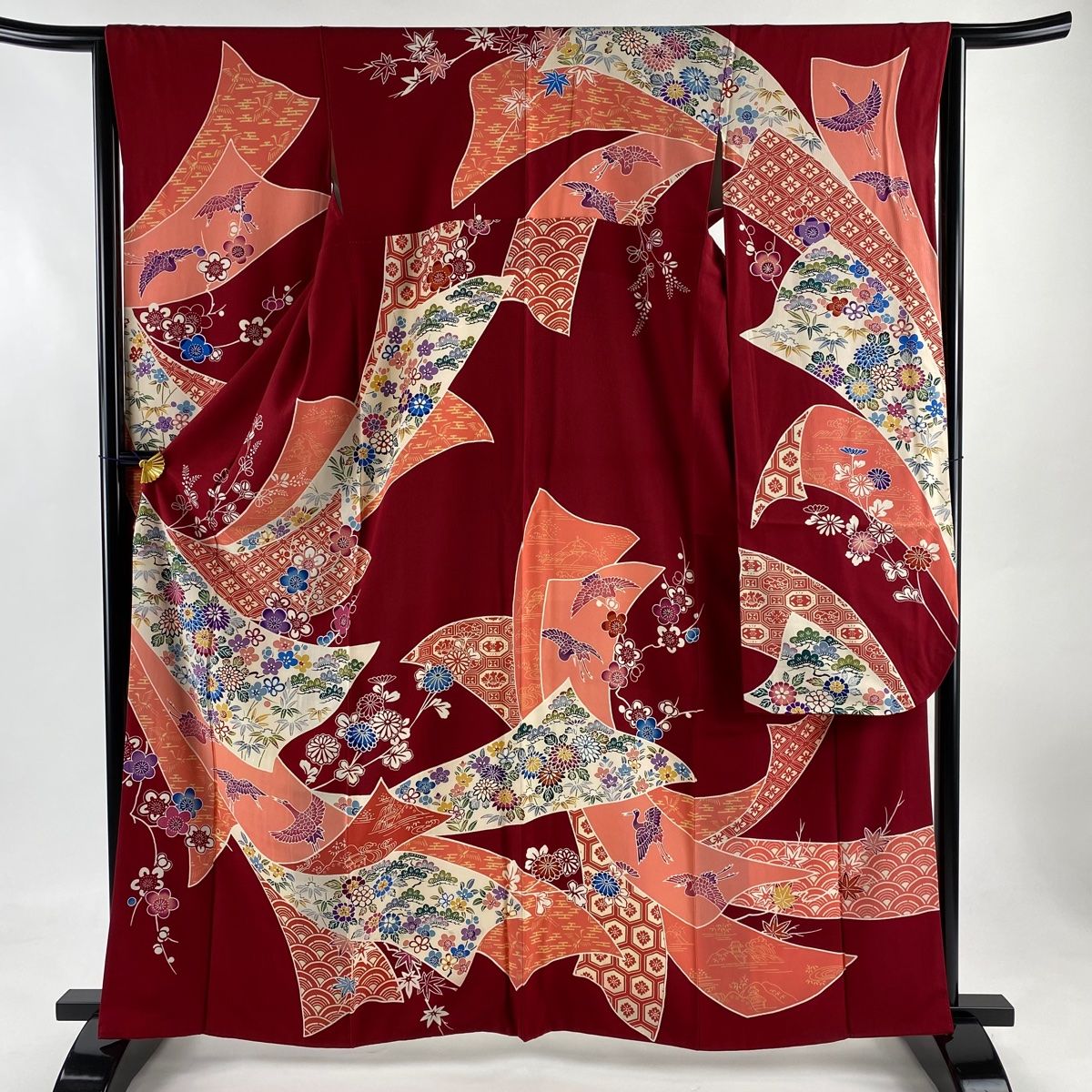 振袖 身丈154cm 裄丈63.5cm S 袷 熨斗 菊 染め分け 赤 正絹 秀品