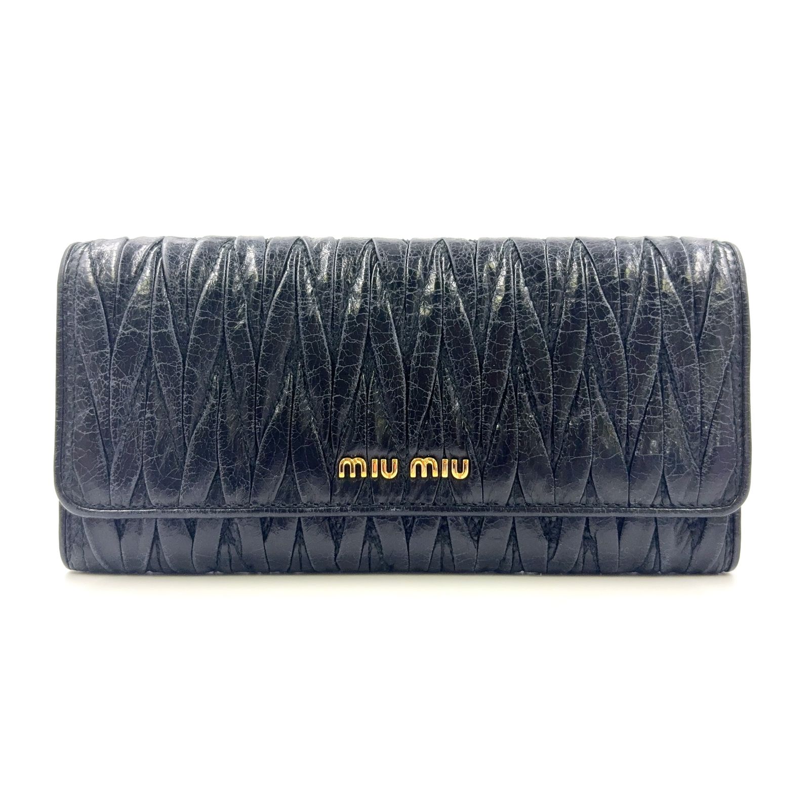 miu miu マテラッセ ギャザー レザー ブラック 財布 ゴールド