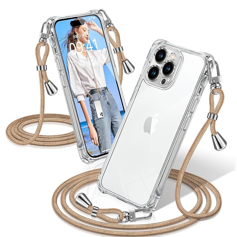 新品　iPhone 13 Pro ケース クリア ショルダー 耐衝撃 iPhone13Pro スマホケース 透明 織りストラップ付き 肩がけ 首掛け 紐付き アイフォン13Pro カバー 縄掛け シングルショルダーロープ 斜めがけ 