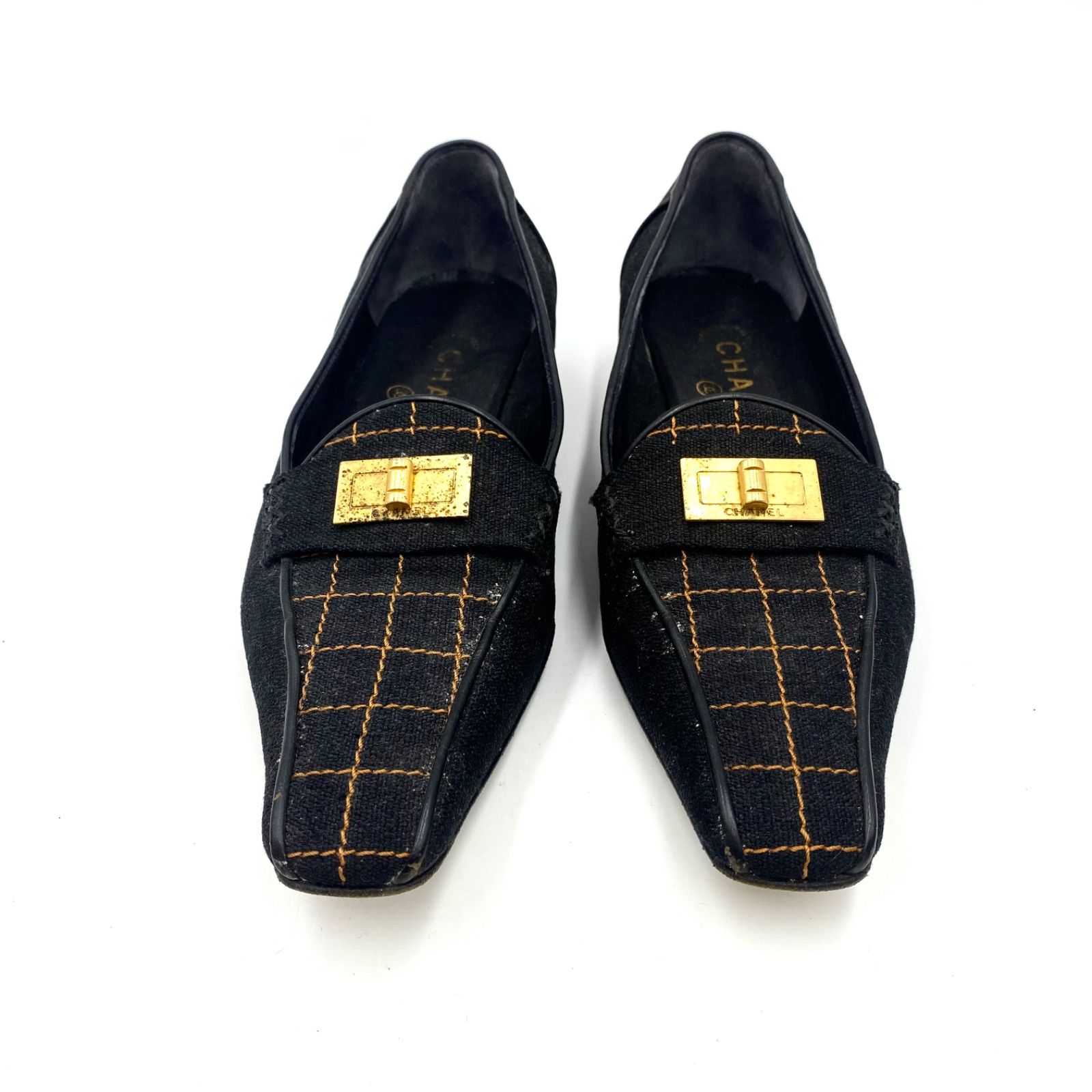 CHANEL シャネル パンプス シューズ サンダル ミュール ハイヒール スクエアキルトマドモアゼル CCロゴファー イタリア製 24 cm相当