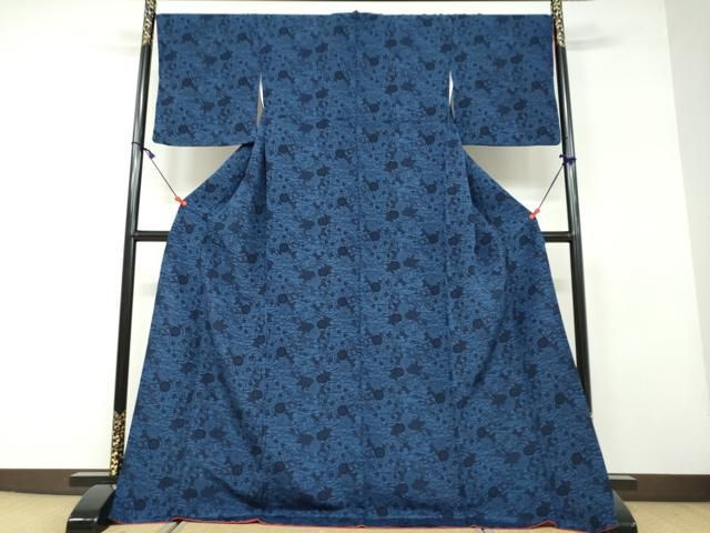 平和屋着物○本藍 型絵染 小紋 流水草花文 鬼しぼ縮緬 ロング丈