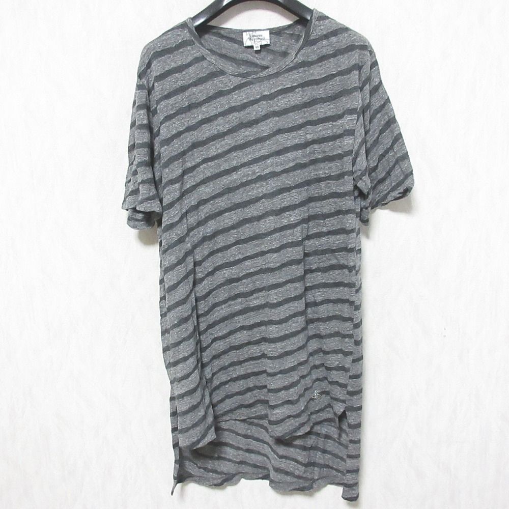 美品 Vivienne Westwood MAN ヴィヴィアンウエストウッドマン ボーダー柄 オーブ刺繍 半袖 ロングカットソー Tシャツ 48 グレー メンズ 古着 中古 USED
