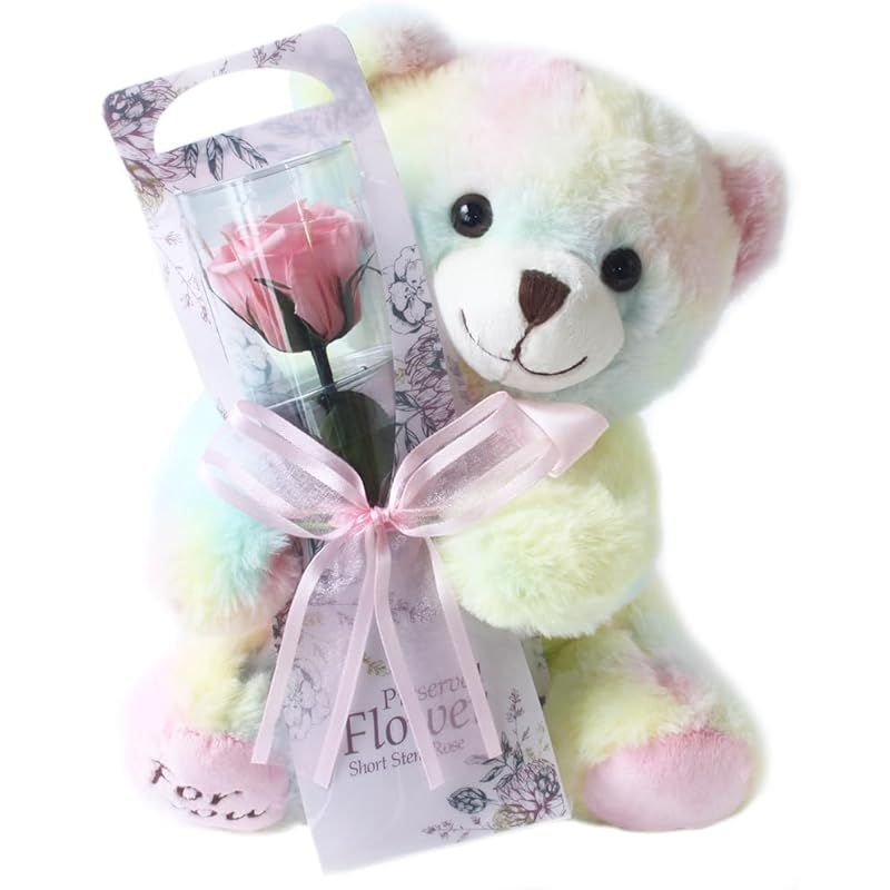 プリザーブドフラワー プリザードフラワー 虹色クマさんと一輪の薔薇