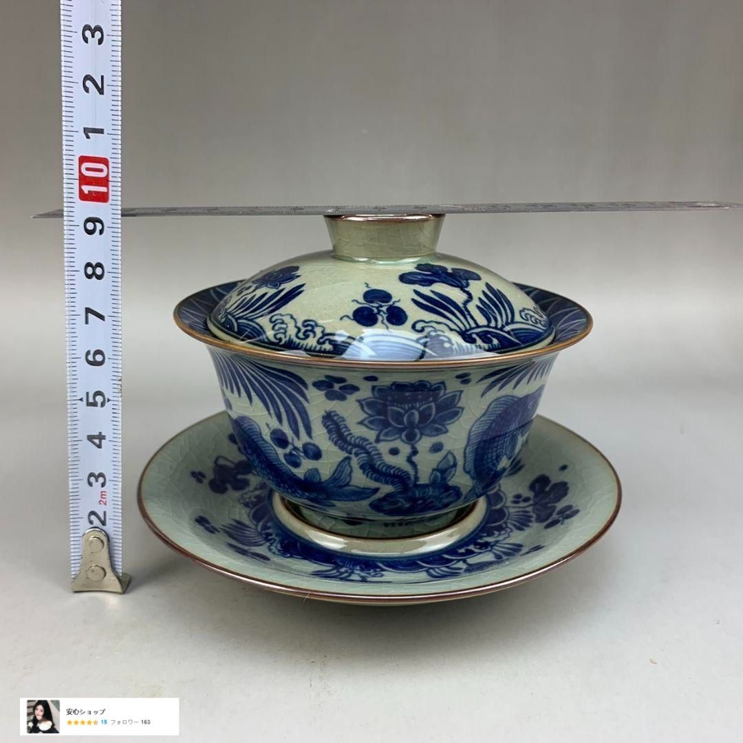 中国茶器 景徳鎮 陶磁器 鯖藻紋開片三才蓋碗 茶道具 工芸品 置物