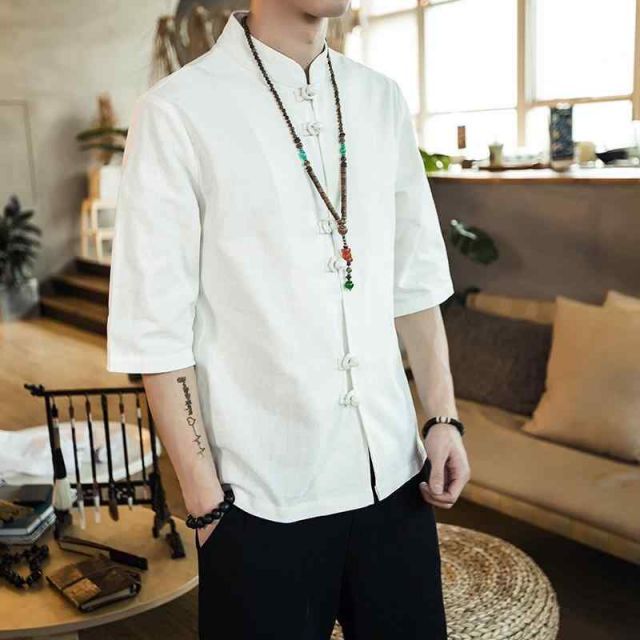 種類14：5XL/D：黒 メンズ ファッション 服 男性用 オシャレ シンプル 大人 かっこいい ストリート  夏 薄手 コットンリネン 五分袖 唐装 ボタン付き 漢服 スタンドカラーリネン シャツ スーツ 