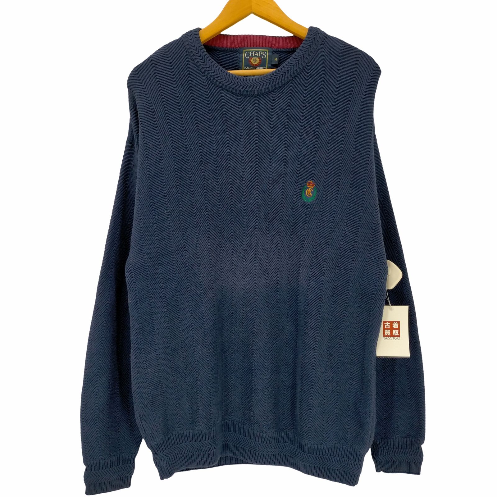 チャップスラルフローレン CHAPS RALPH LAUREN 旧タグ ロゴ刺繍 ヘリンボーン クルーネック コットンニット メンズ import：M 