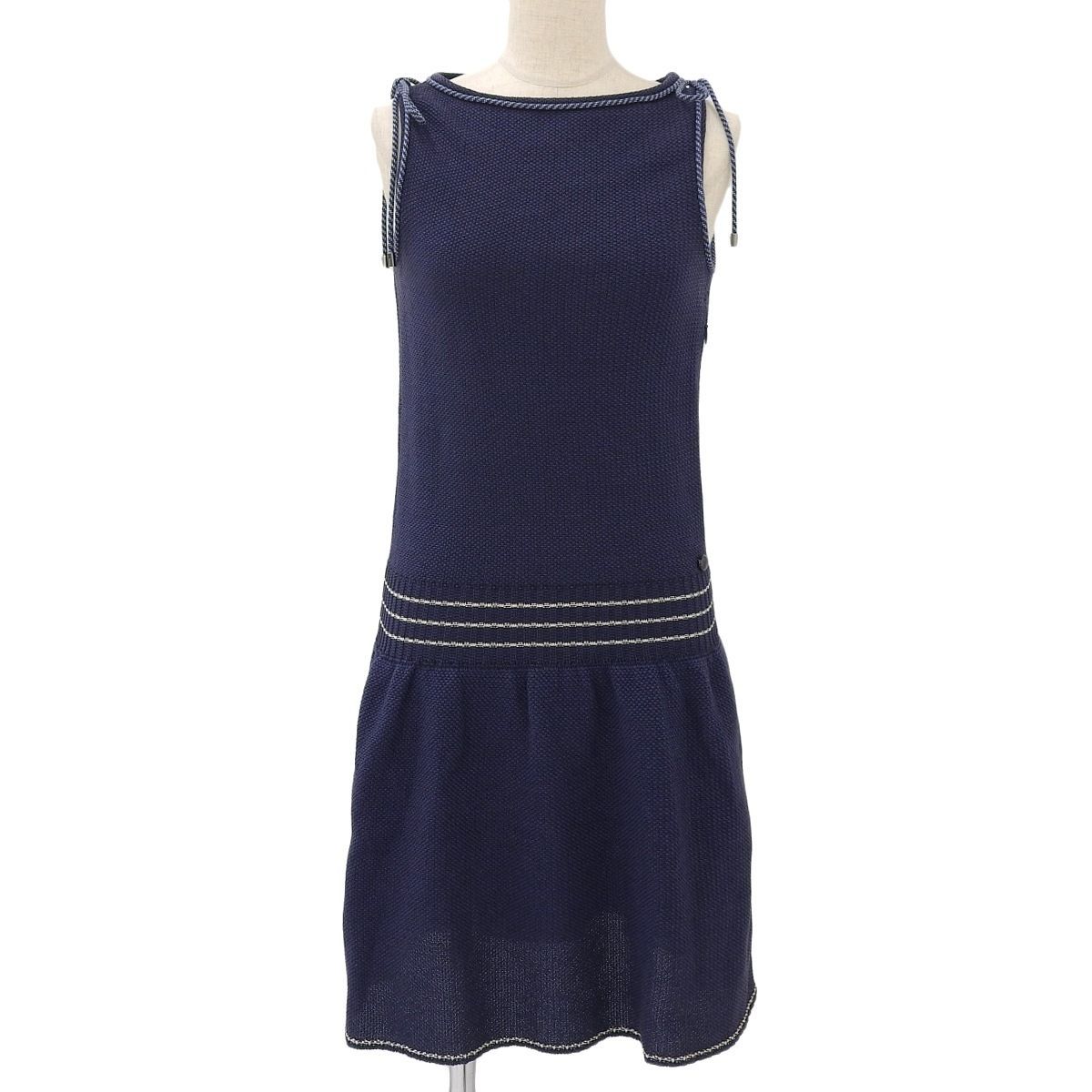 4350) シャネル CHANEL ノースリーブ ミニ ワンピース コットン ブルー