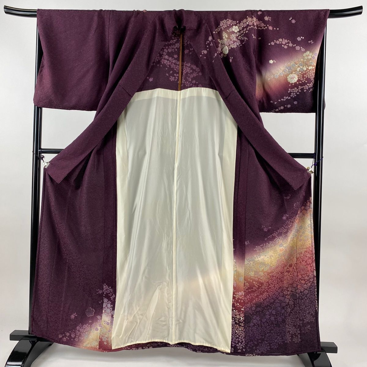 訪問着 身丈161cm 裄丈67.5cm L 単衣 桜 花びら 銀通し 絞り 赤紫 正絹  