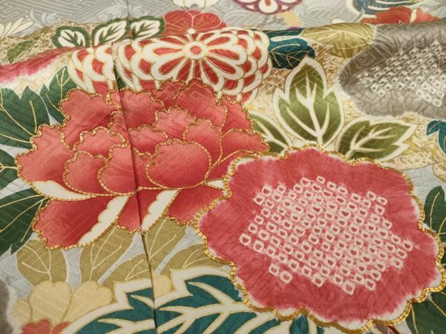 平和屋着物●豪華振袖　駒刺繍　絞り　吉祥花車文　金彩　仮絵羽　正絹　逸品　未使用　AAAS6698ck 平和屋着物○豪華振袖 駒刺繍 絞り 吉祥花車文 金彩 仮絵羽 正絹 逸品