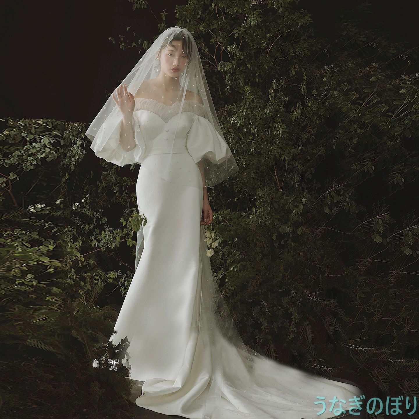 ウェディングドレス白 パーティードレス オフショルダー ロングトレーン 花嫁ロングドレス マーメイド 結婚式 ロング丈 袖付き 七分袖 パフスリーブ 二次会 挙式 1072