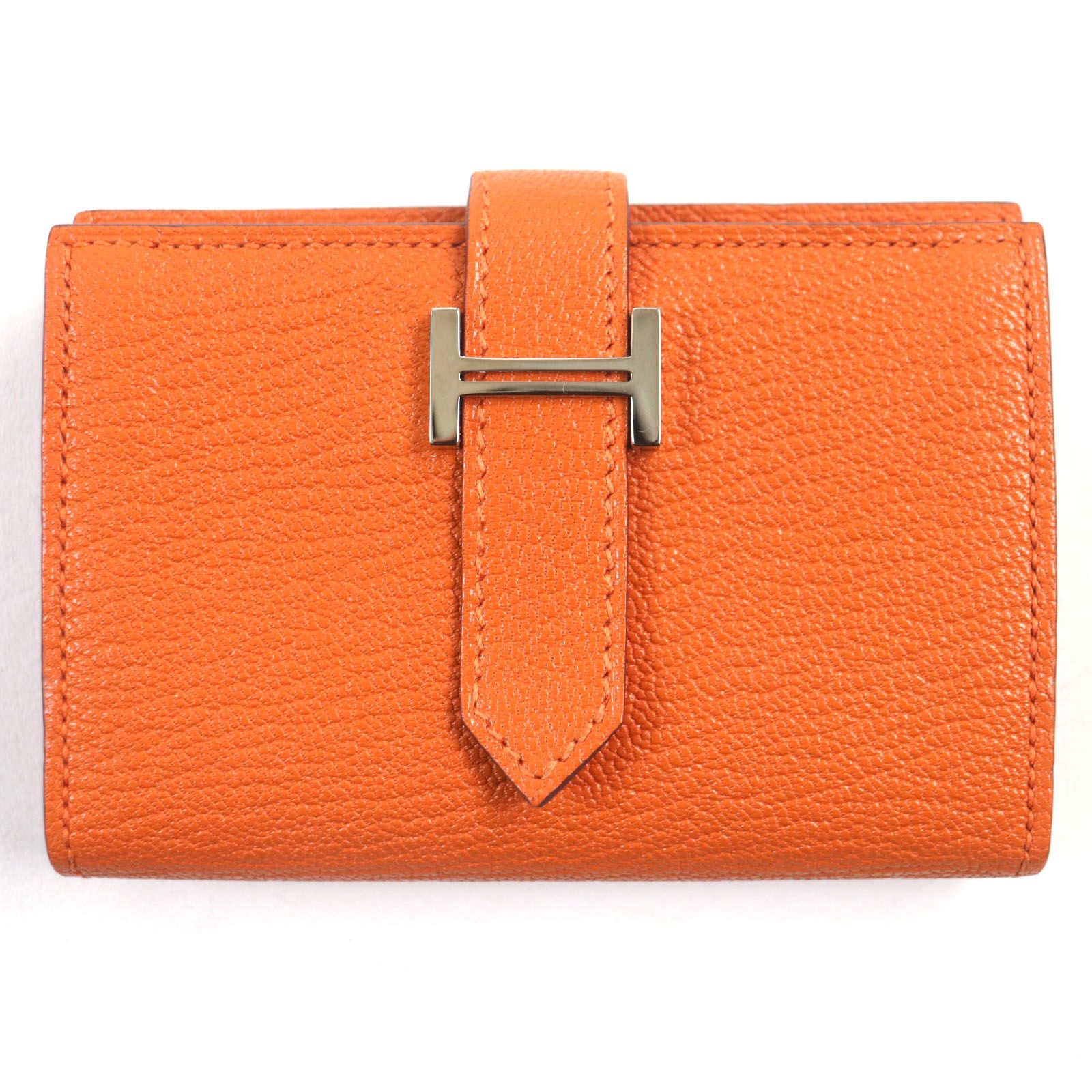 美品▽HERMES エルメス ベアン ミニ オレンジ シルバー金具 2つ折り  