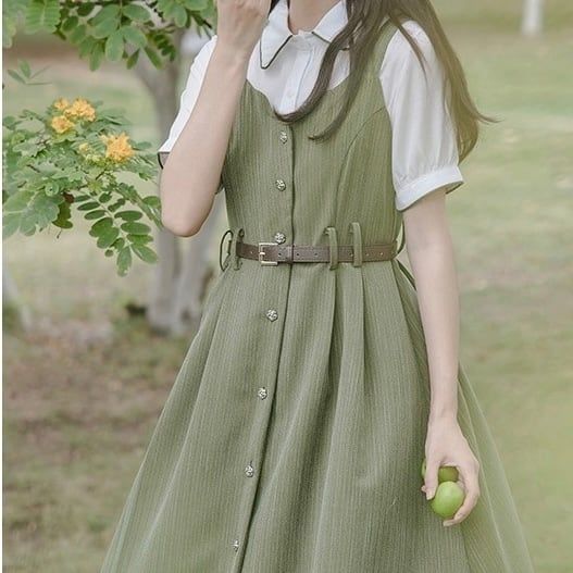 【新品】フレンチレトロ♡ウエストベルト付きストライプワンピースセットアップ レディース 韓国 韓国ファッション ワンピース ブラウス セット ベルト付き ハイウエスト 半袖 　F0733