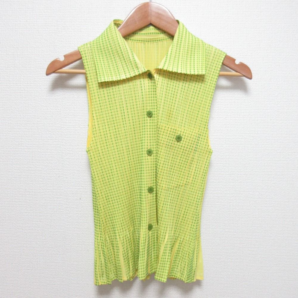 PLEATS PLEASE プリーツプリーズ イッセイミヤケ チェック ノースリーブ シャツ PP22-JE851 サイズ3 イエロー レディース 古着