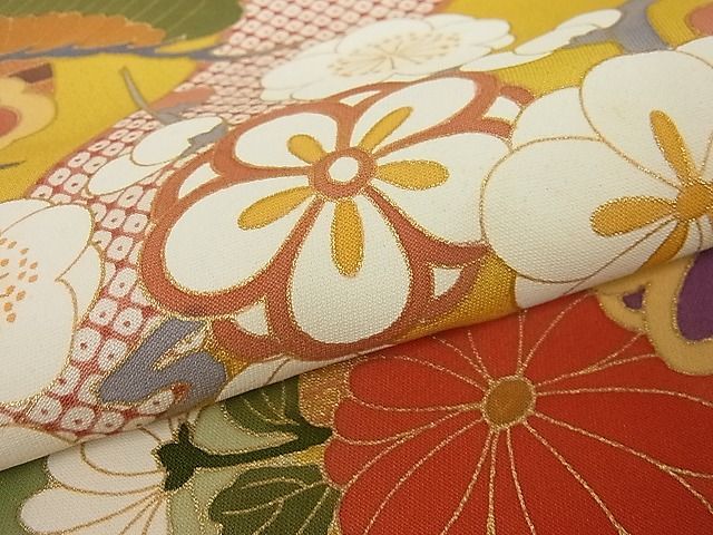 平和屋1□極上 振袖 駒刺繍 松竹梅扇面草花文 金彩 パールトーン加工