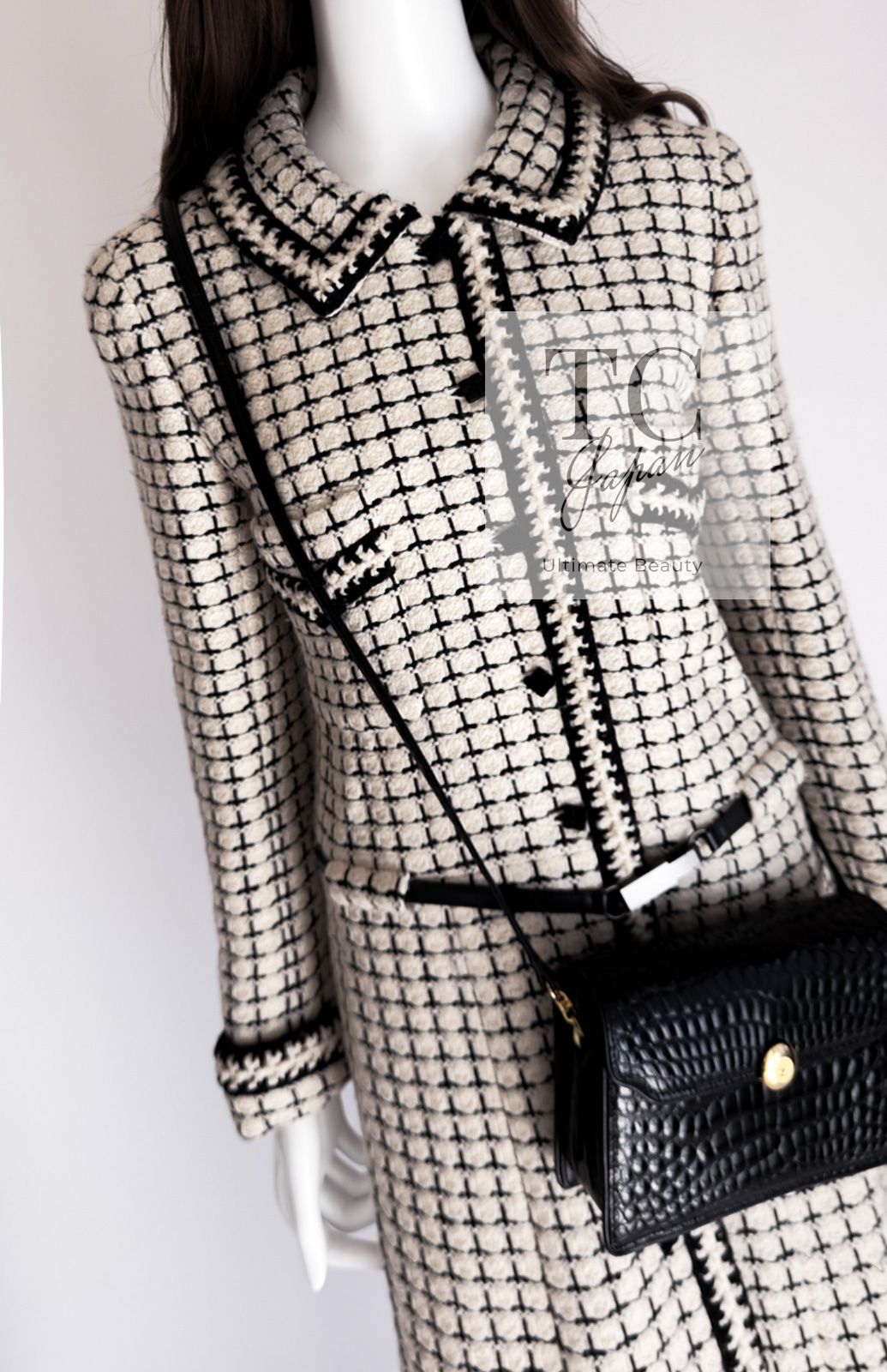シャネル コート CHANEL クリーム アイボリー ブラック チェック