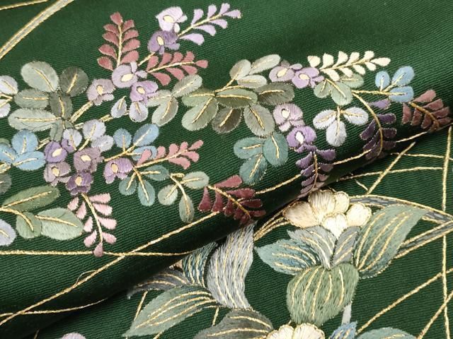 平和屋本店□極上 訪問着 総刺繍 花蝶文 金糸 千歳緑色地 逸品