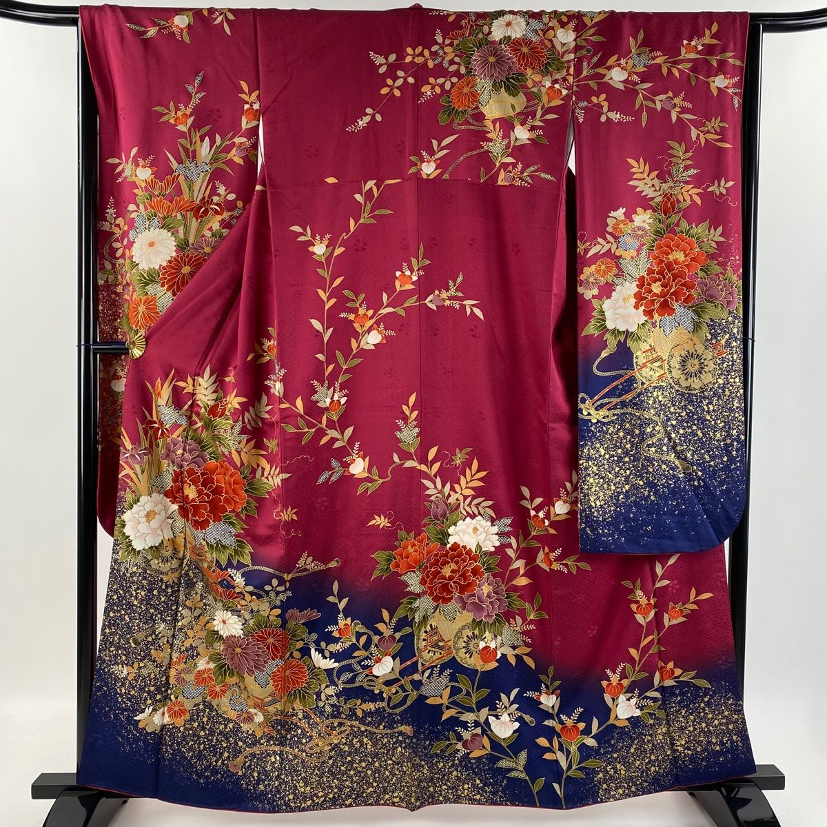 振袖 身丈160.5cm 裄丈65.5cm M 袷 花車 草花 金彩 染め分け 赤