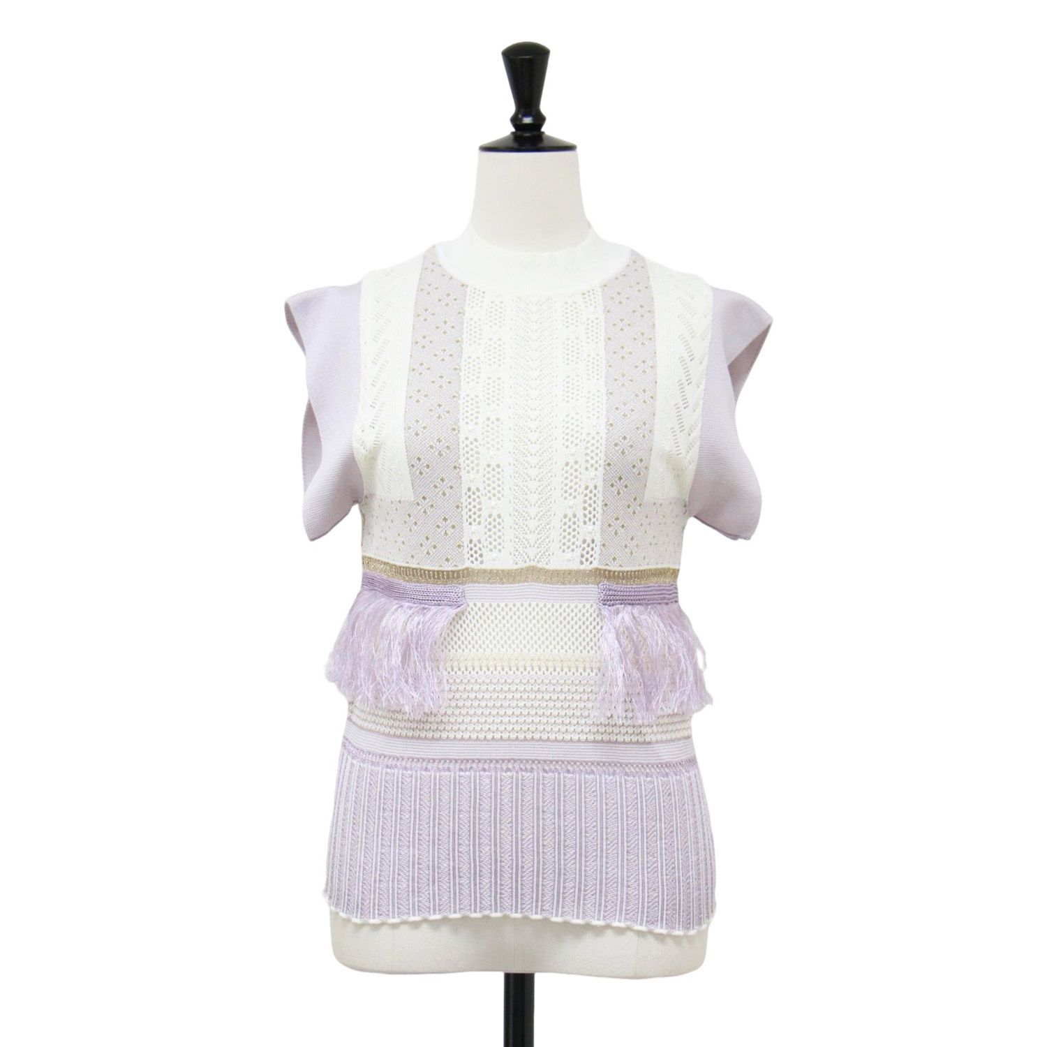 Mame Kurogouchi マメクロゴウチ ニット パープル系 サイズ 2 M | ノースリーブ フリンジ ニット | SASH JAQUARD SLEEVELESS KNIT プルオーバー 透かし編み ラメ | レディース